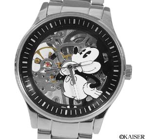 ディズニー（Disney）／腕時計（リスト・ウオッチ）／機械式手巻き腕時計（リスト・ウオッチ/リストウオッチ）／MC/941B/BK／ボース・サイド・スケルトン腕時計＆ピン・バッジ（ミッキー・モデル）／ステンレス＋ブラス／シルバー＋ブラック×ホワイト＋シルバー／フェイスの拡大