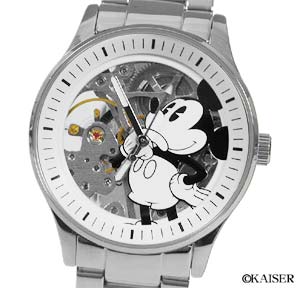 ディズニー（Disney）／腕時計（リスト・ウオッチ）／機械式手巻き腕時計（リスト・ウオッチ/リストウオッチ）／MC/941B/WT／ボース・サイド・スケルトン腕時計＆ピン・バッジ（ミッキー・モデル）／ステンレス＋ブラス／シルバー＋ホワイト×ブラック＋シルバー／フェイスの拡大