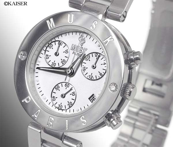 MUSK（ムスク）／腕時計（リスト・ウオッチ）／クロノグラフ腕時計（リスト・ウオッチ）／ブルガリ・ビー・ゼロ・ワン・モデル（B-ZERO1）／オールステンレス／シルバー＋ホワイト×シルバー／フェイスの拡大